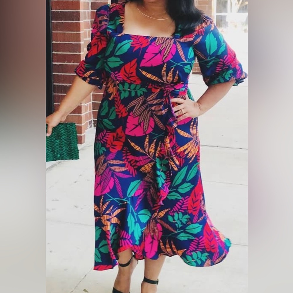 Skies Are Blue Red and Blue cocktail dress with 3/4 Bishop Sleeves